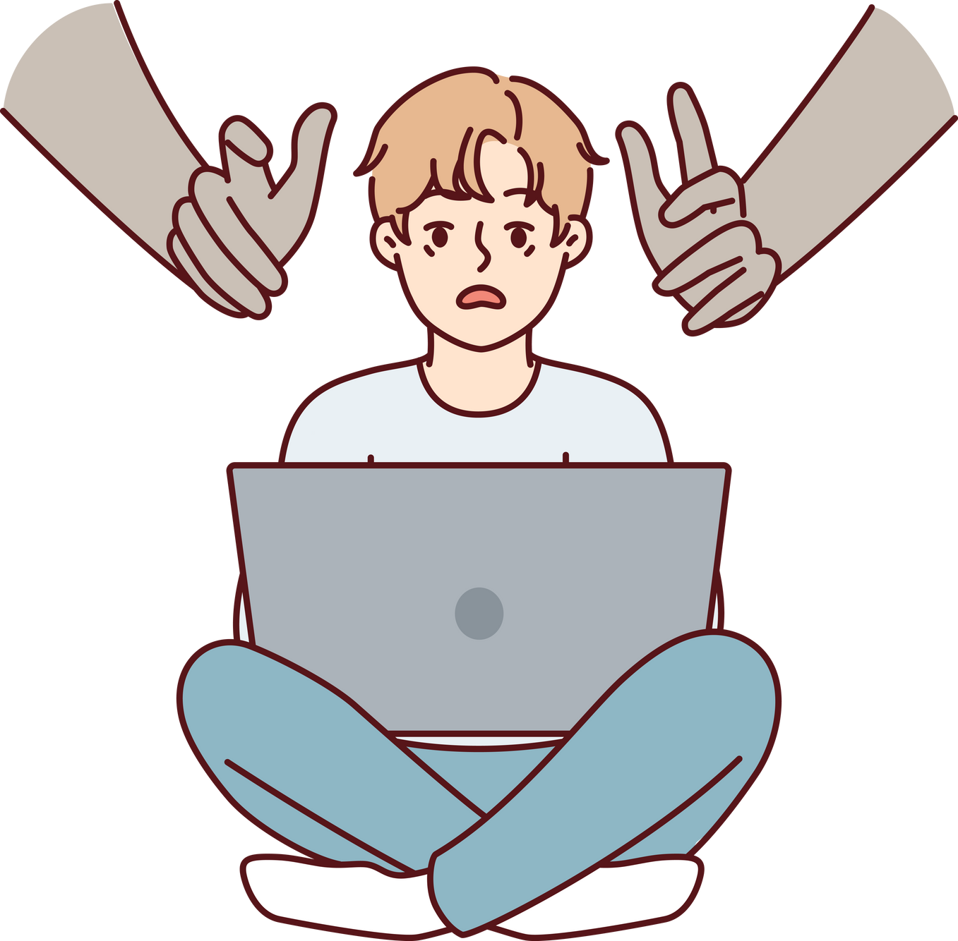 Hands Reaching Out to Teenage Boy Using Laptop with Internet without Parental Control. Vector Image